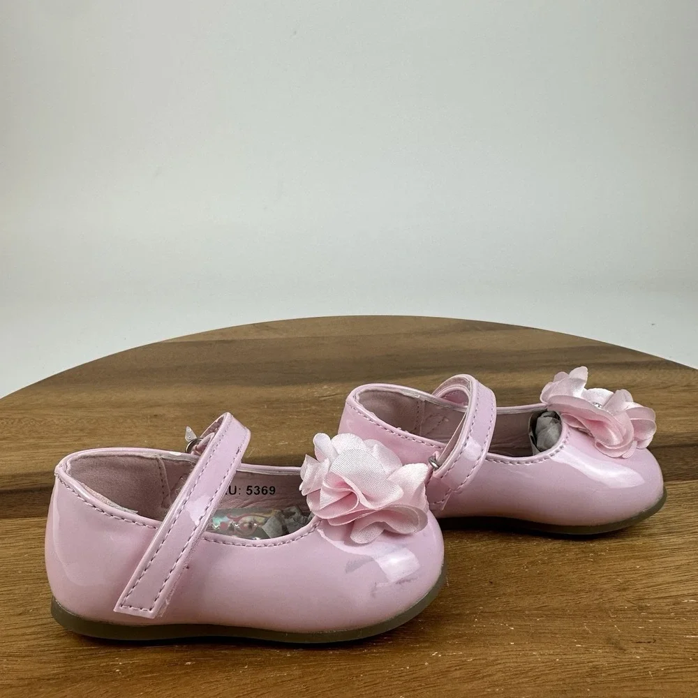 New NWT Baby Girls Josmo Pink Faux Patent Leather Floral Mary Jane Flats Size 3